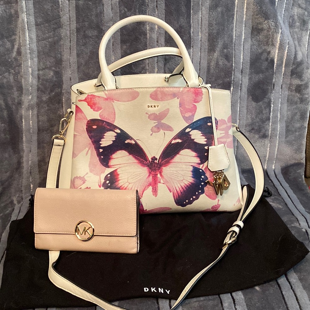DKNY butterfly shoulder bag, Light pink Michael Kors wallet and purse dust bag